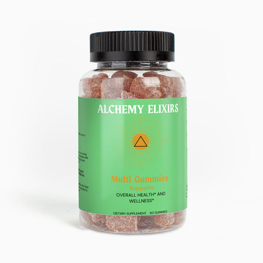 Close-up of Alchemy Elixirs Multivitamin Gummies tub with clean, vibrant packaging.