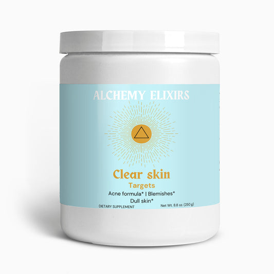 Close-up of Alchemy Elixirs Clear Skin Elixir tub with clean, vibrant packaging.
